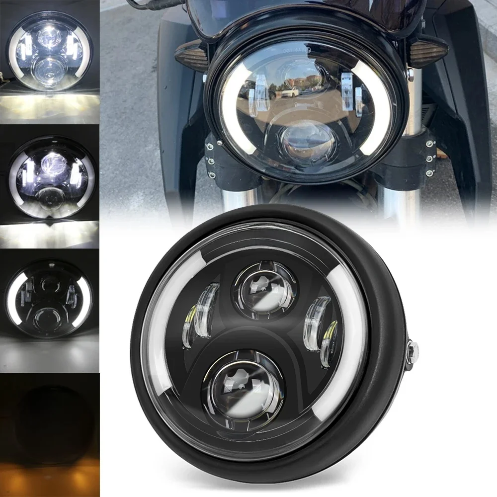 Oeil d'angle de phare de moto DOT SAE E9, 7 pouces, 50W, avec clignotant DRL, boîtier de phare Led, seau