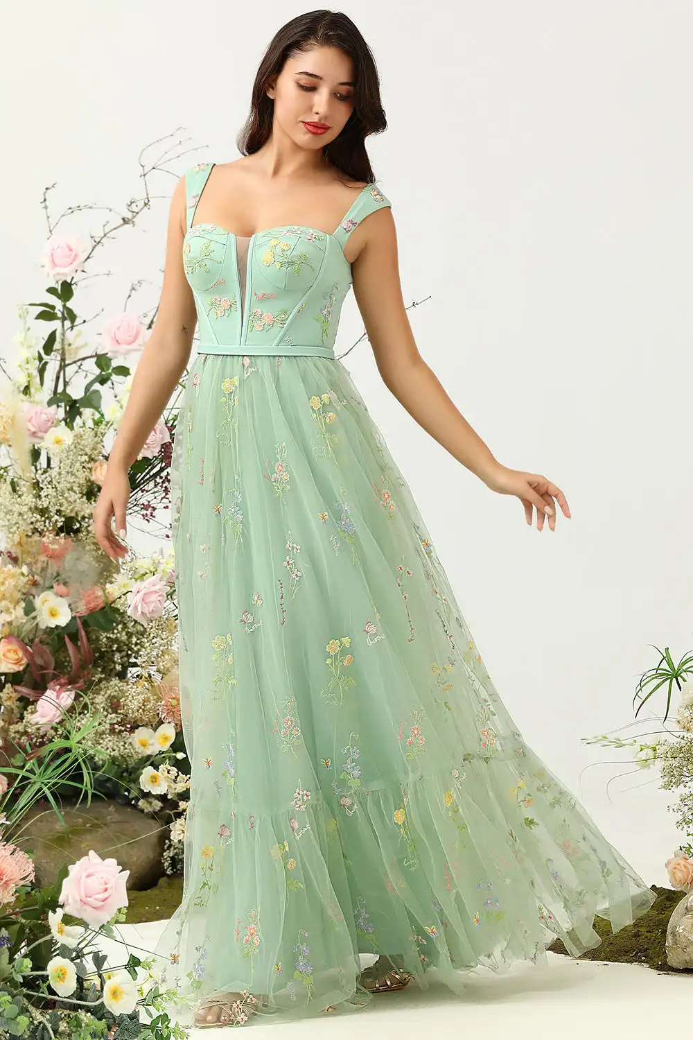 A-Line Square Neck Prom Dress With Flower Embroidered Tulle Long Evening Party Dresses Graduation Gown Wedding Party Dresses