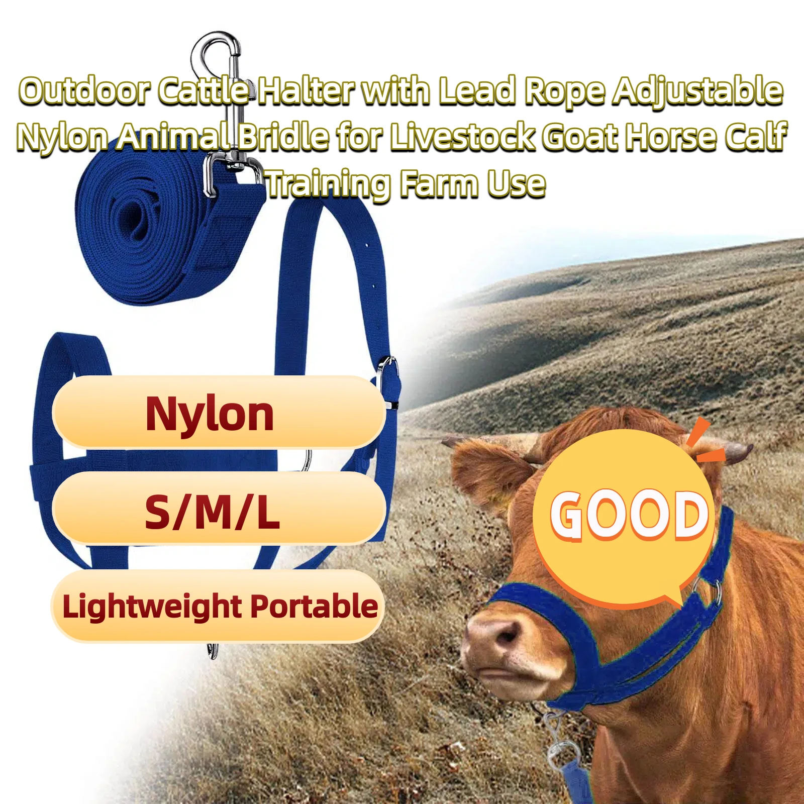 

Outdoor Cattle Halter with Lead Rope Adjustable Nylon Animal Bridle for Livestock Goat Horse Calf Training Farm Use