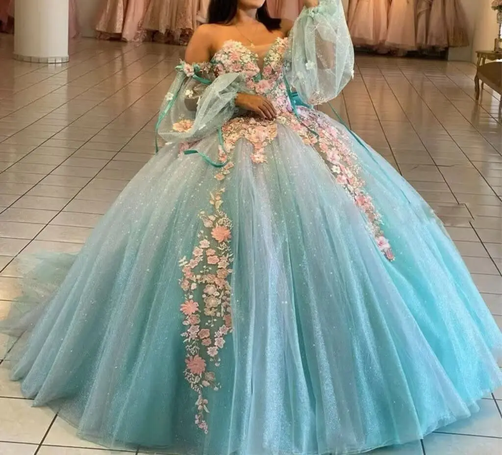 CloverBridal romantyczny lodowy blękit 3D kwiaty sukienka na Quinceanera błyszczący duża kokarda krawat z tyłu suknie balowe odpinane długie rękawy WQ9702