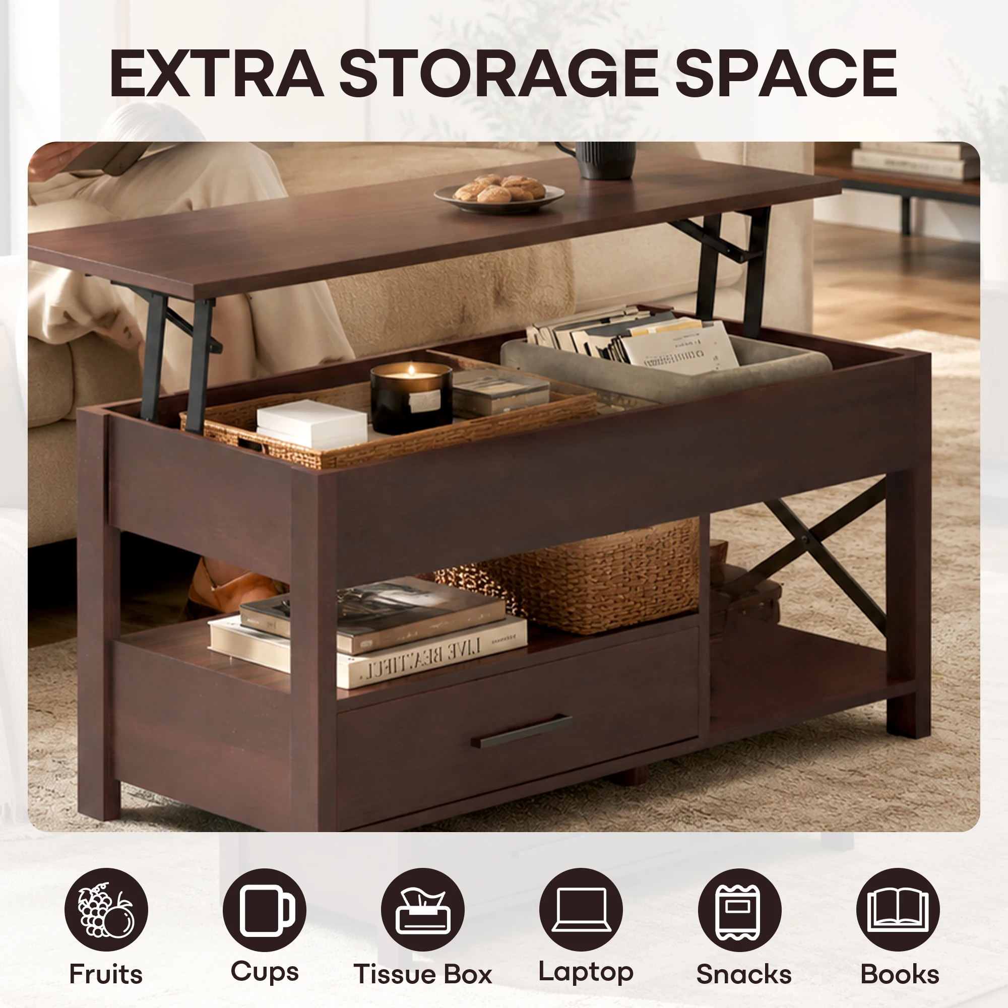 Mesa de centro con tapa elevable para sala de estar/comedor/oficina, color marrón |   Mesa de Centro de Madera Estilo Moderno Rústico