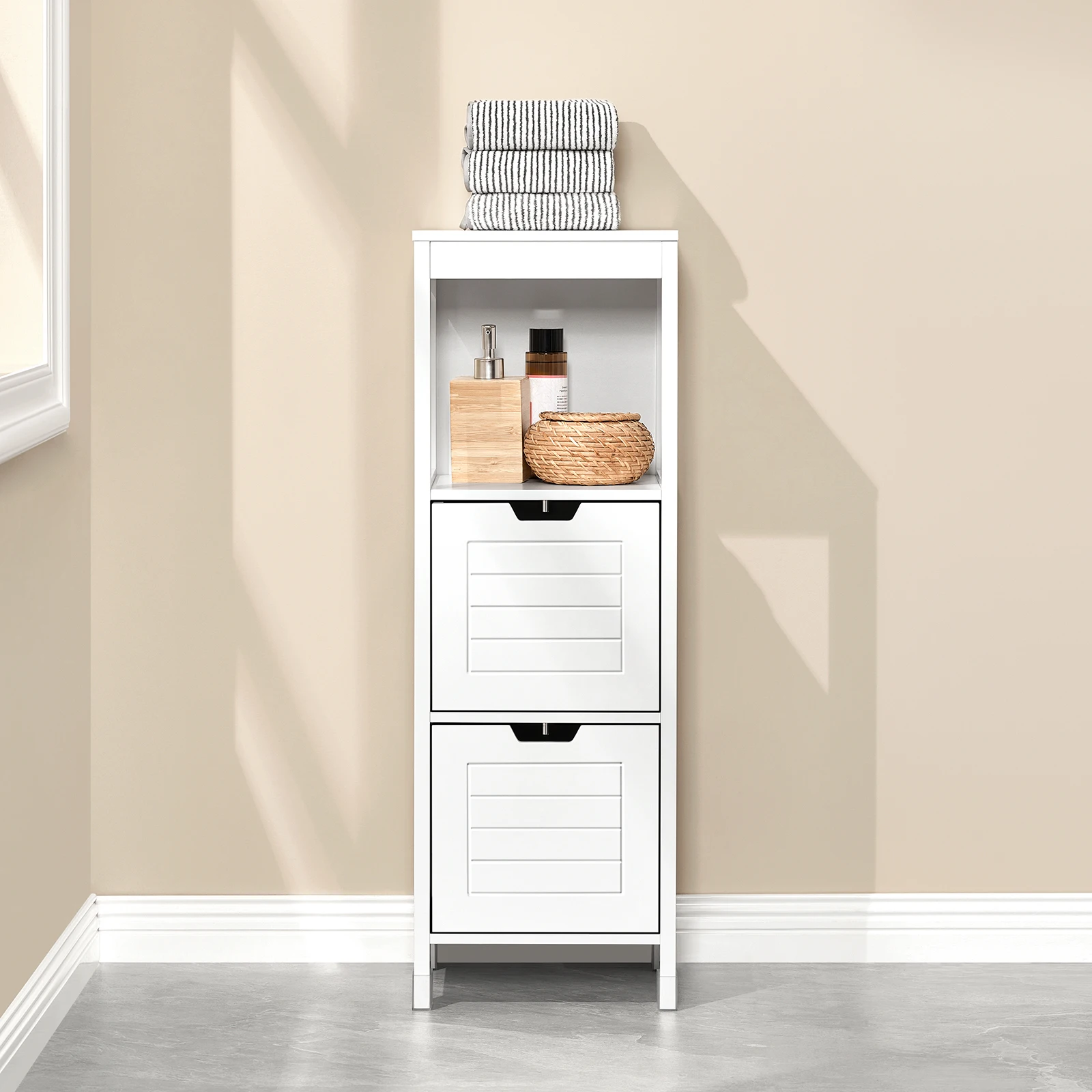 SoBuy FRG127-W Mueble Estrecho de Baño con 2 Cestas Armario baño Compacto en Madera para Baños Pequeños y Aseos Blanco 30x89x30 cm