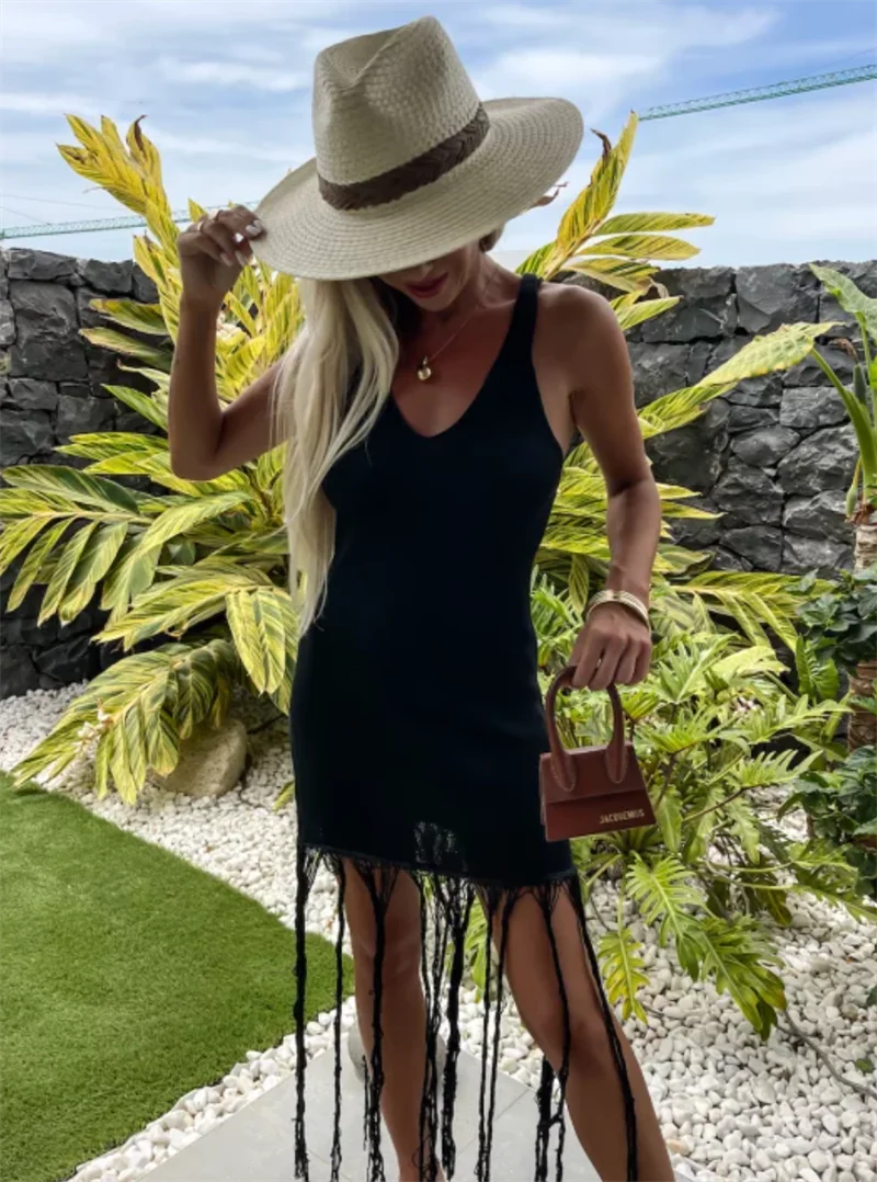 Frauen Sommer Sexy Tiefem V-ausschnitt Quaste Verband Kleid Lange Backless Häkeln Bikini Cover up Strand Badeanzug Sarong