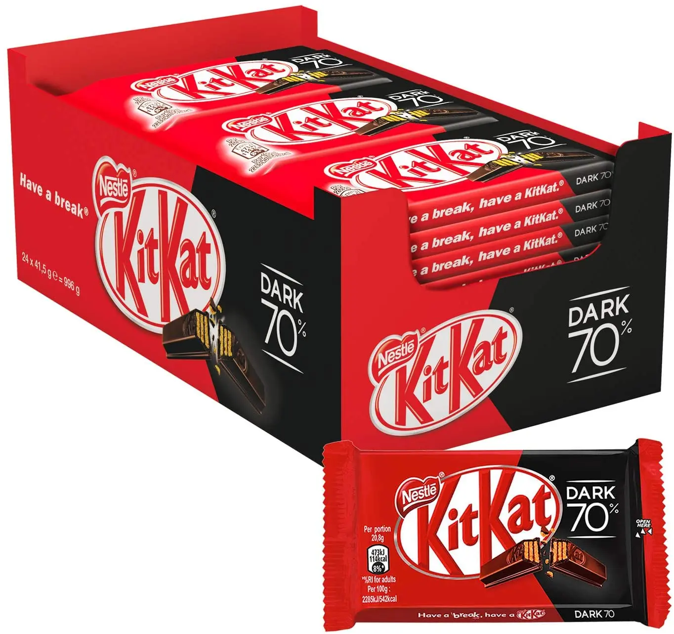 Nestlé Kitkat Dark 70% Chocolate black Chocolate bar-box with 24 units of 41,5gr each-the perfect chocolate snack to take a breath at any time-100% sustainable culture cocoa