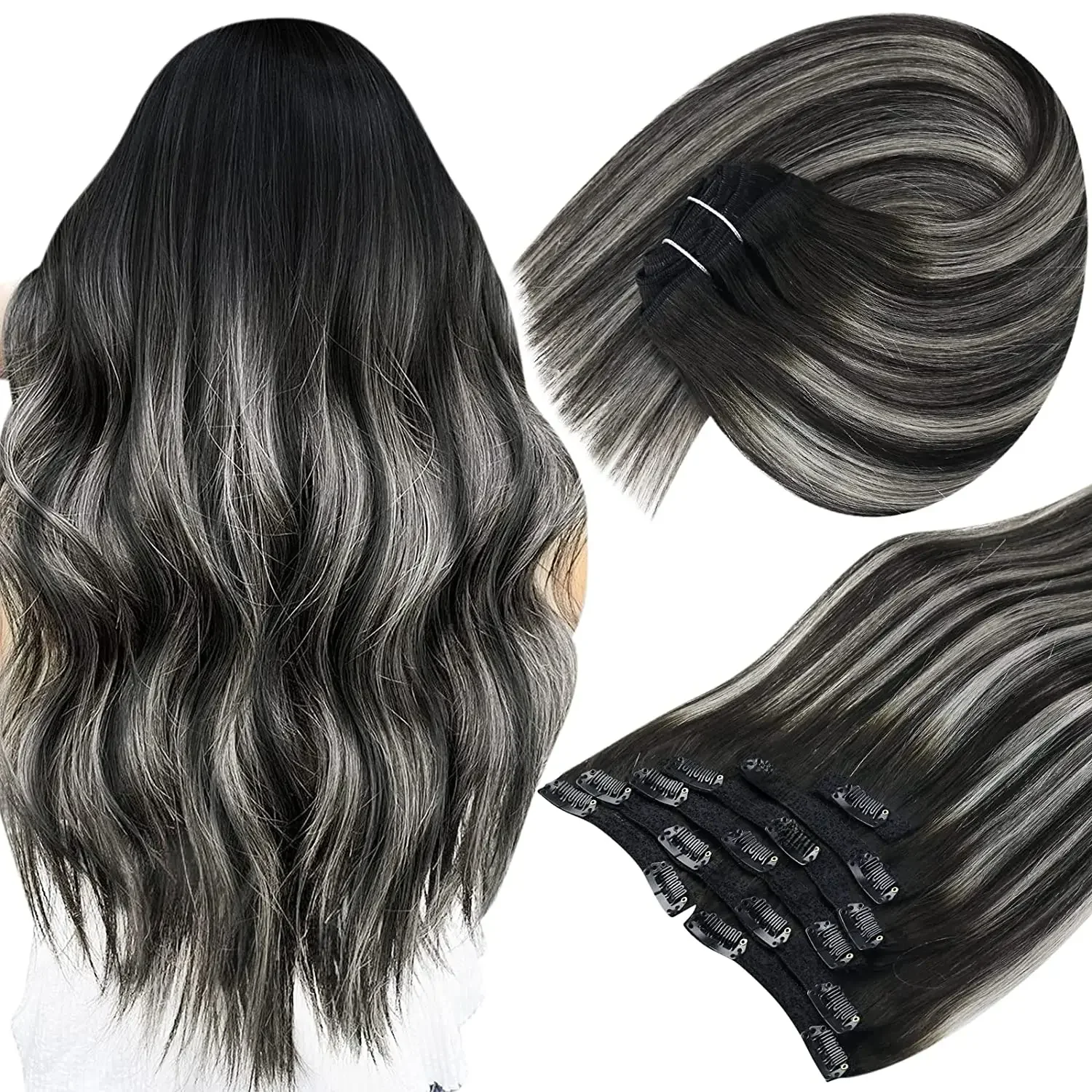 Full Shine Clip In Hair Extensions Zwart Balayage Zilver 7 Stuks Echt Menselijk Haar Natuurlijk Haar Dubbele Inslag Recht 120G - afbeelding 2