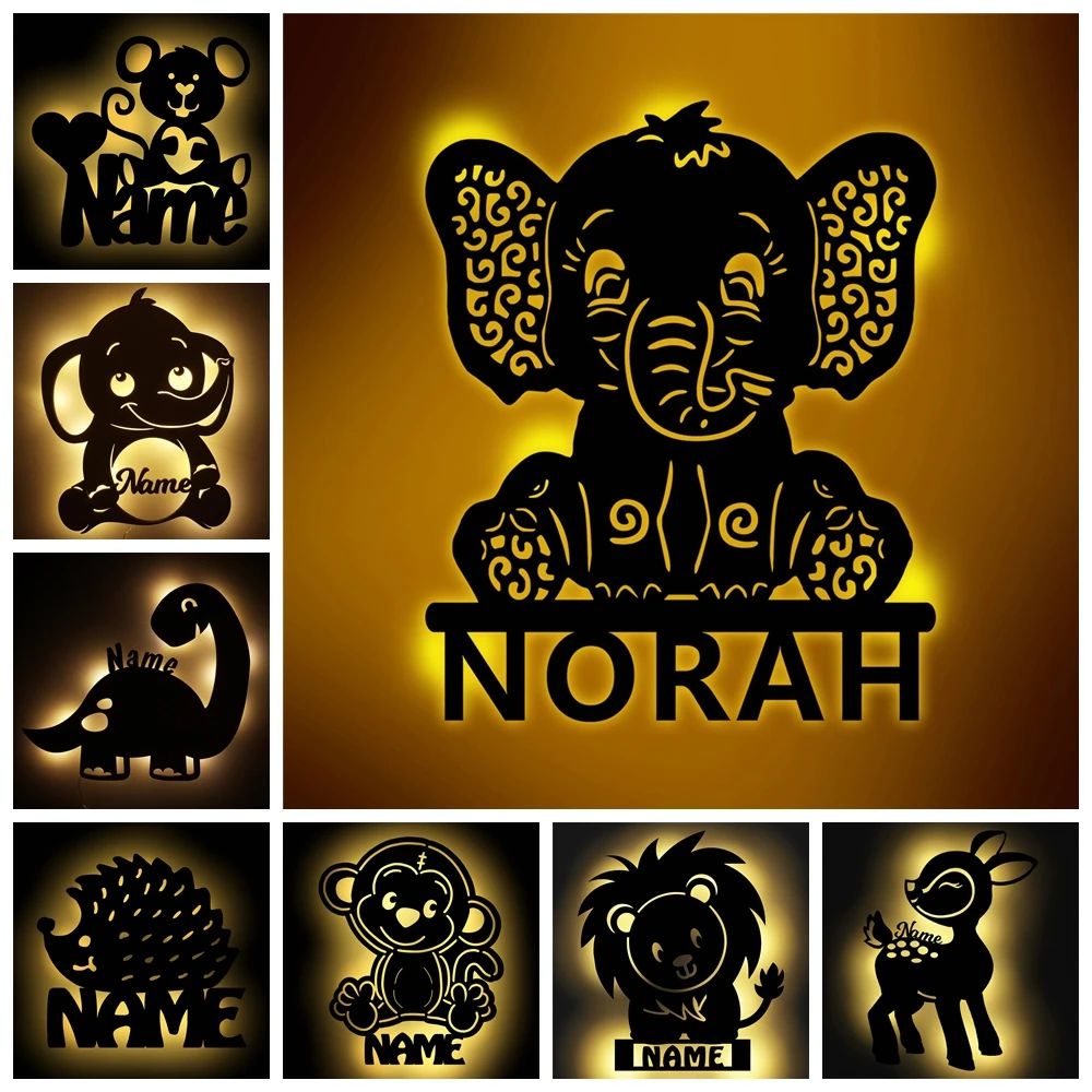 Cartoon Animal LED Baby Light Personalized Name Elephant/Dinosaur/Lion/Monkey/Deer Wood Night Light for Home Bedroom Decor