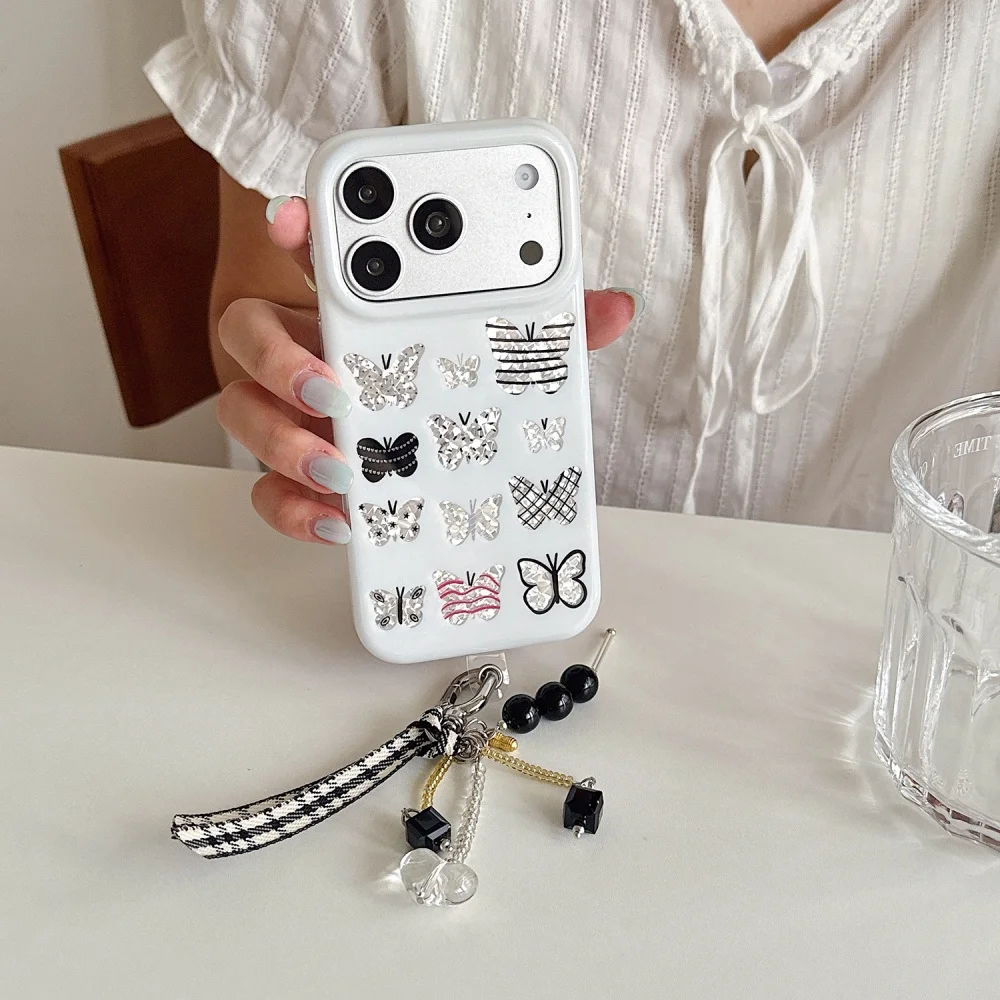 New Korean Ins Glitter Butterfly Print Phone Case for iPhone 15 16 17 Pro Max 17 16 15 Pro Aesthetic Shockproof Protective Cover