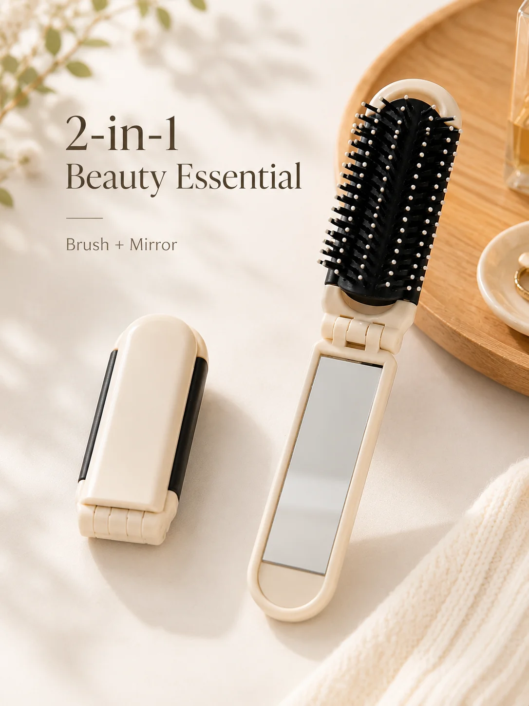 1pc Portable Foldable Air Cushion Hair Brush & Makeup Mirror 2-in-1, Compact Beauty Travel Essential
