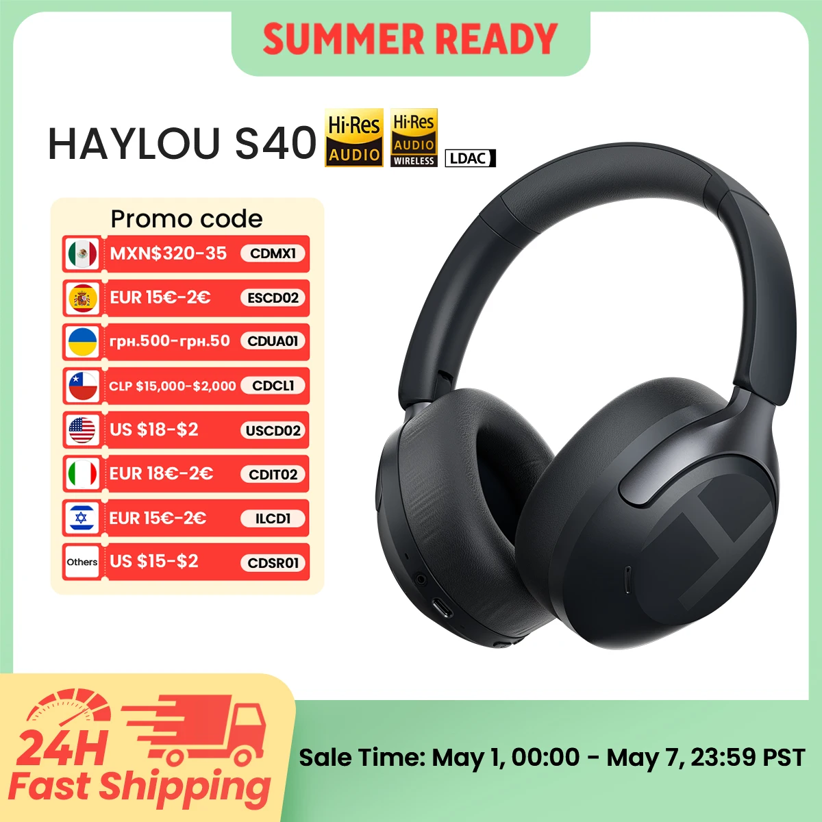 Беспроводные наушники HAYLOU S40 ANC с шумоподавлением 50 дБ, Hi-Res 3D пространственным звуком и поддержкой LDAC Bluetooth 6.0, накладные