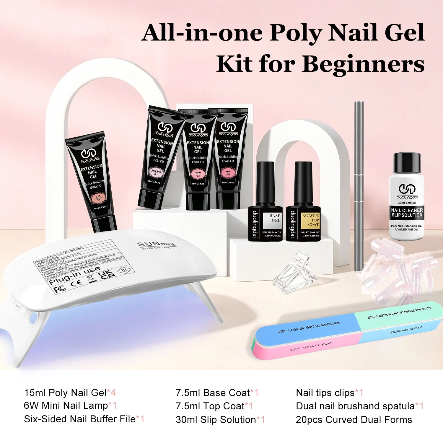 Duolingdai 4 Color Poly Nail Extension Gel + 8pcs Toolset,Clear Pink-White Brown,Comes with Mini Nail Light and Essential UV/LED