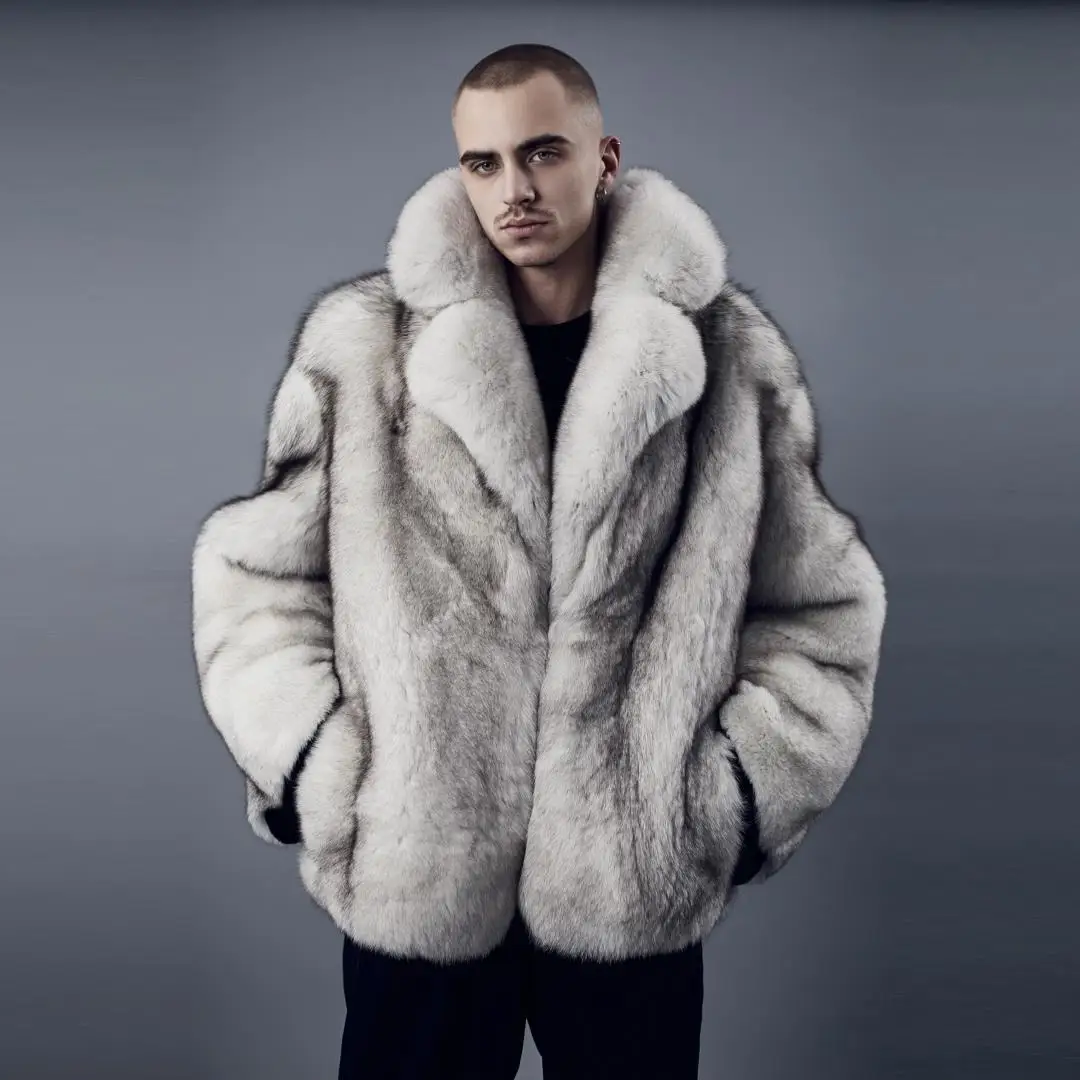 Man Winter Fashion Genuine Fox Fur Jacket with Turn-down Collar High Quality Natural Man Fox Fur Coats Wholeskin Outwear Trendy