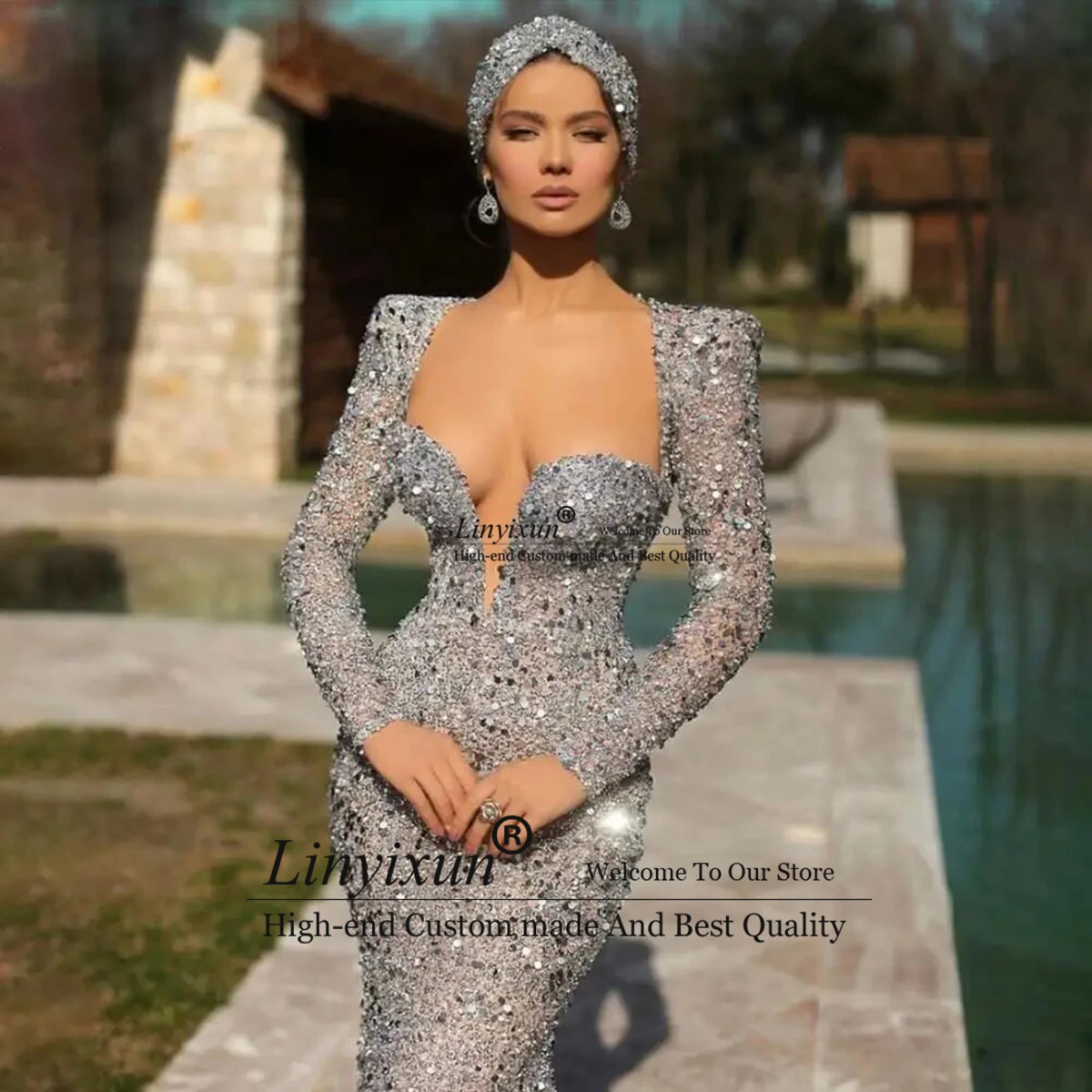 Sexy Sequined Mermaid Evening Dresses For Arabic Women Sweetheart Neck Long Sleeves Prom Gowns Plus Size Special Occaion Dress