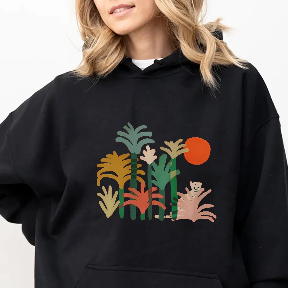 Nature Fans Fleece Lined Hoodie Forest Cat Pattern Casual Loose Long Sleeved Autumn Fresh Charming Fashionable Comfortable Top
