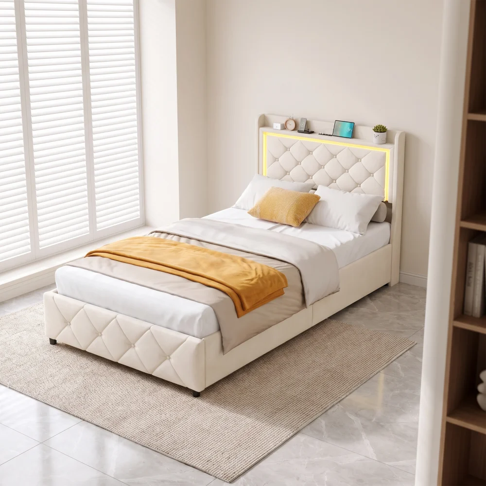 Letto per bambini Anajqaqia, 90x200 cm, con contenitore integrato, struttura del letto con 2 cassetti, letto con testiera imbottita, testiera trapuntata, letto singolo per la camera da letto, in