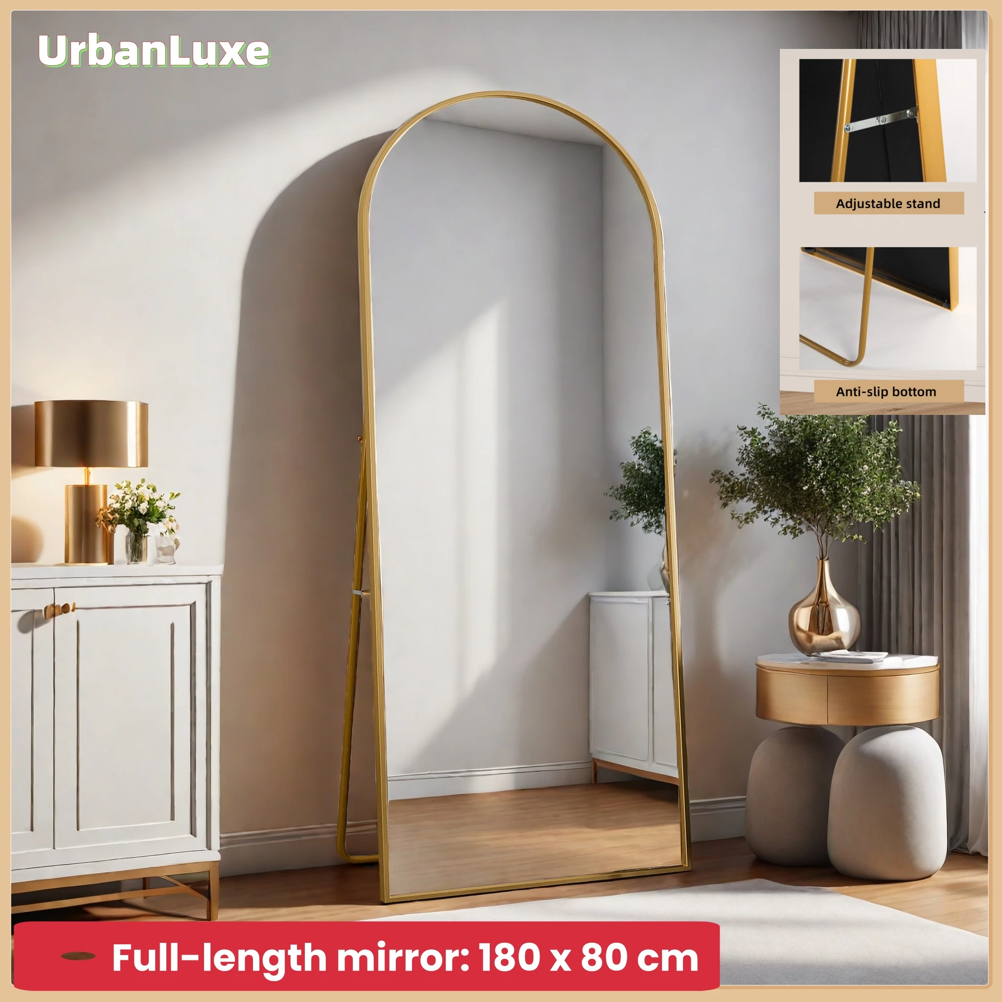 UrbanLuxe Specchio da terra, 180x80 cm, vetro temperato, cornice in alluminio, specchio grande da terra, specchio figura intera, oro