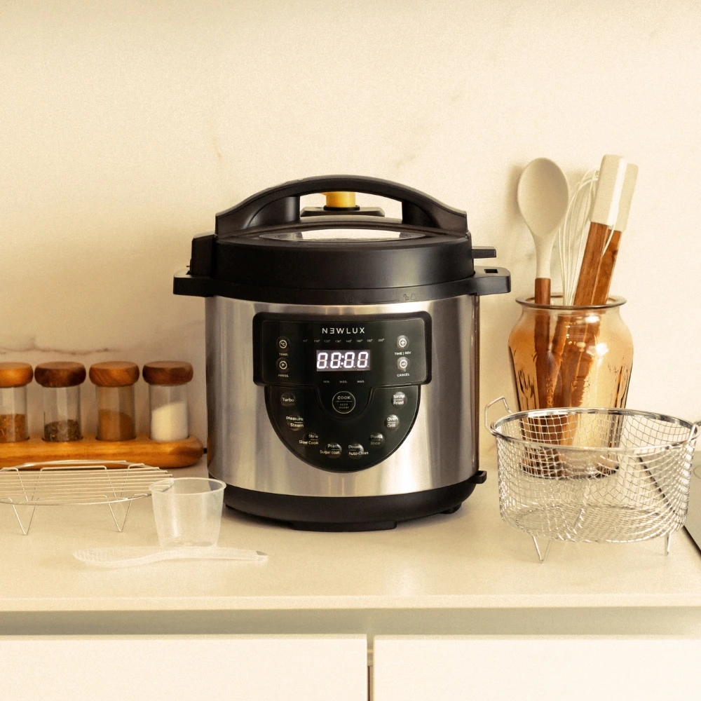 NEWLUX Olla Programable 6L Chef Pot V170 Negra, Olla a Presión con Voz, 15 Funciones, 1000W, Programable 24h, 4 Niveles Presión