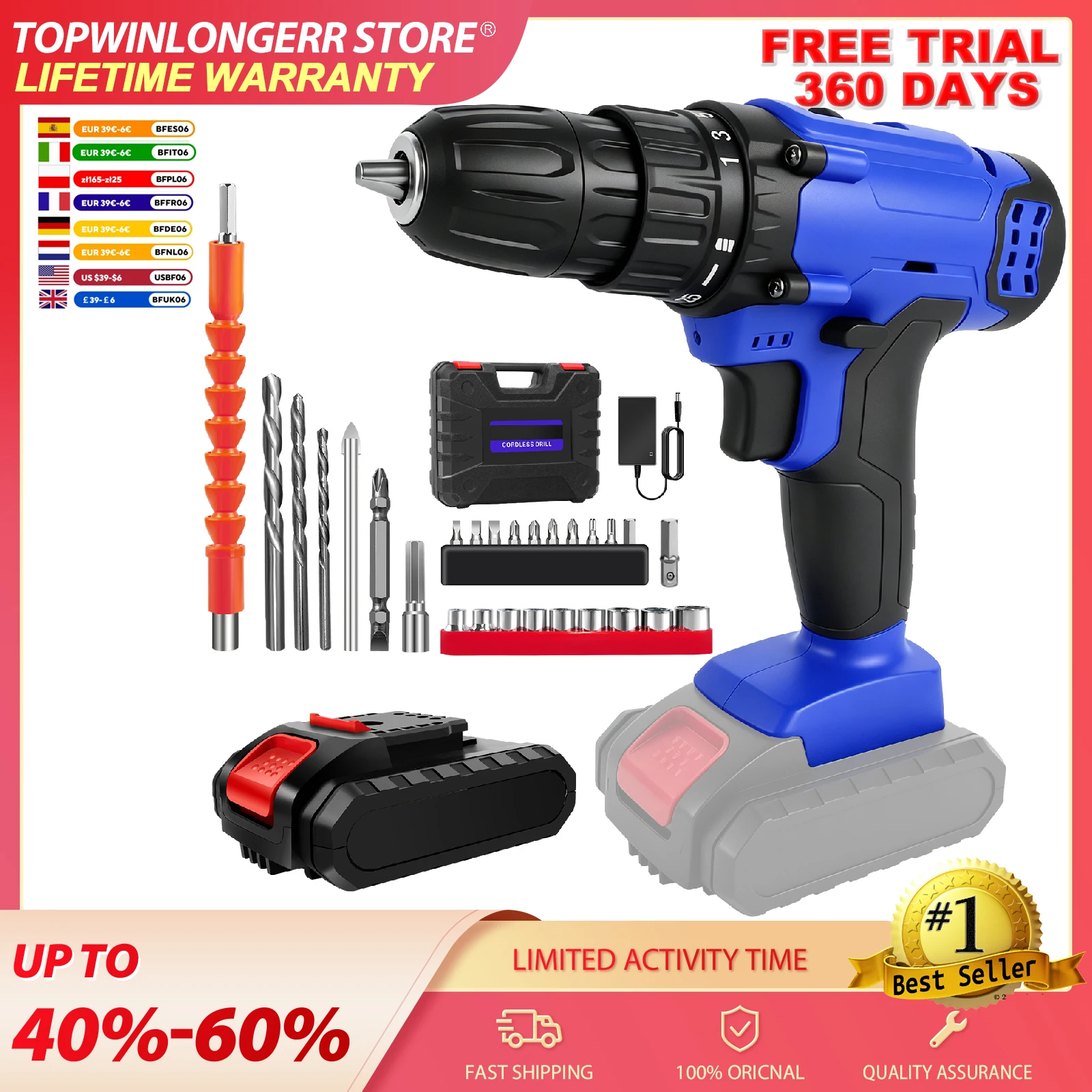 200W Akku-Bohrschrauber 21V 200Nm Elektrische Bohrmaschine 1500mAh Li-Ionen-Akku, 3/8-Zoll-Bohrfutter, 25+1 Drehmomentstufen, 2 Geschwindigkeiten + Koffer