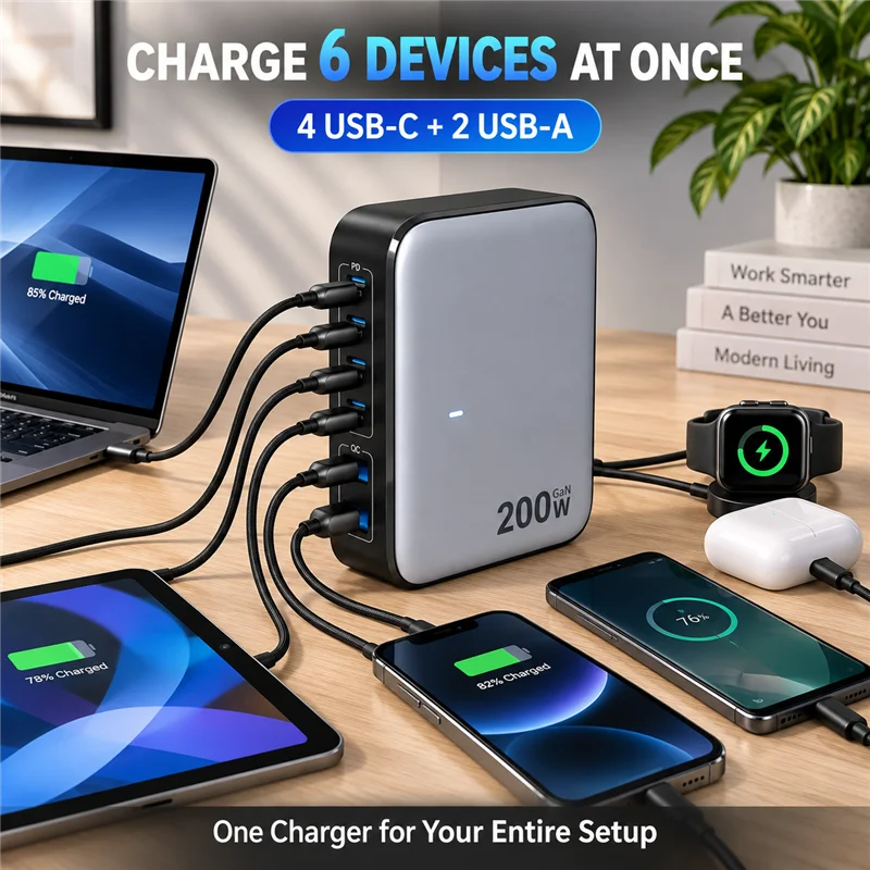 【US Plug】200W GaN Charger Desktop Laptop Fast Charger For iPhone 18 17 16 Pro Max Macbook Air Pro iPad Samsung
