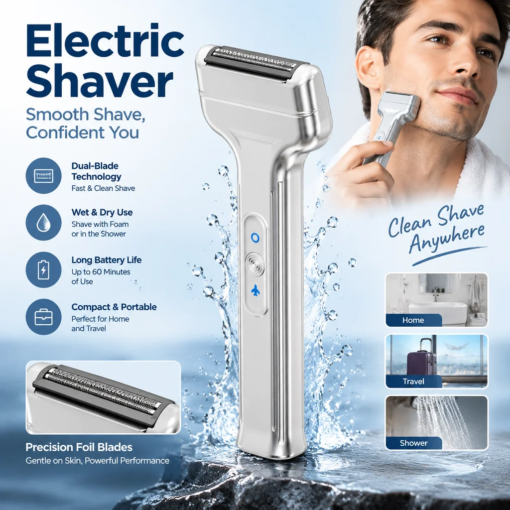 Ultra-Thin Reciprocating Foil Shaver, Magnetic Straight Head Two-Speed Type-C Rechargeable Portable Men's Travel Razor, Silver