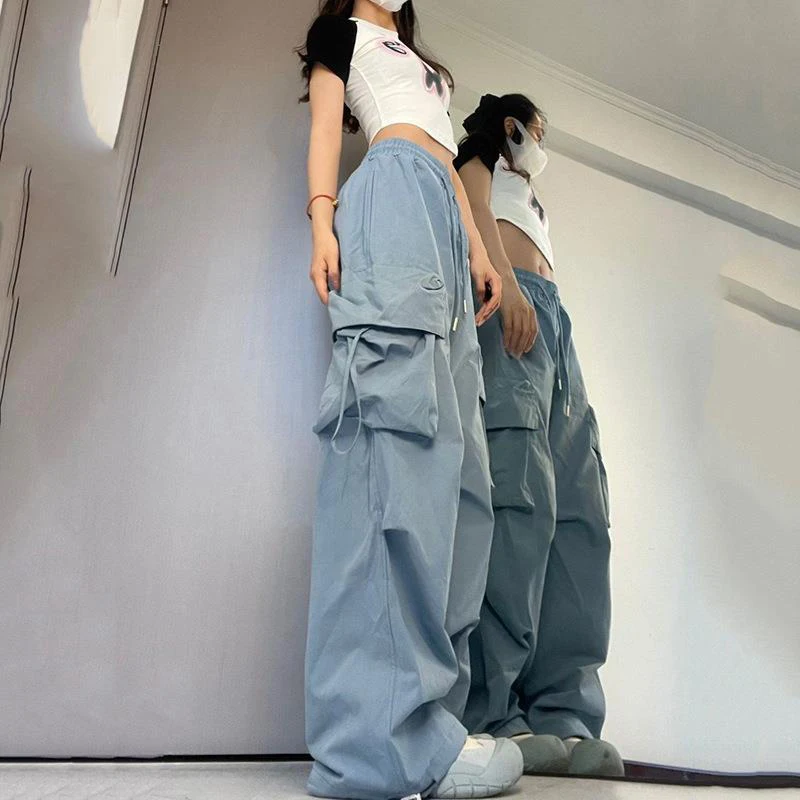 Women Y2K Cargo Pants Solid Low Waist Joggers Tech Pants Drawstring Wide Leg BaggyHip Hop Trousers Streetwear Sweatpants