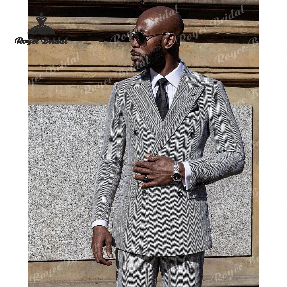 Herringbone Two Piece Double Breasted  Men's Suit Wedding 2026 Notch Lapel Slim Fit Business Suit costume homme mariage