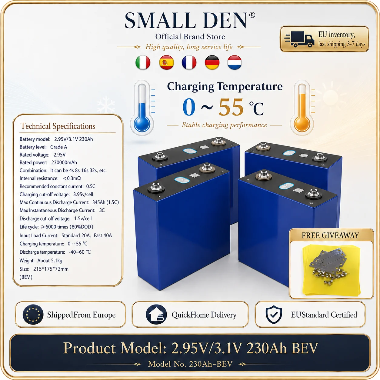 Batterie lithium certifiée norme européenne 3,1 V 230 Ah, grade A, cellule de stockage d'énergie sûre pour système de secours solaire domestique