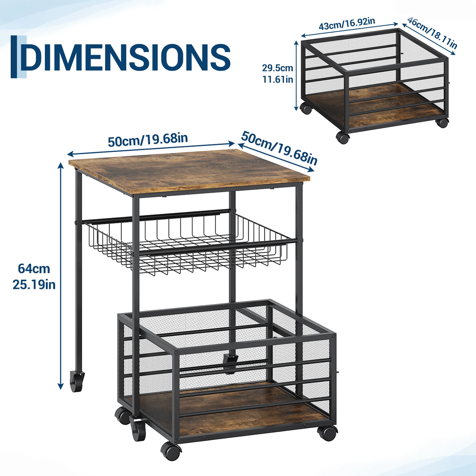 3-laags minikoelkaststandaard & bijzettafel met XXL gaasmand & draadrek, groot houten blad van 19,68 inch, robuust metalen frame, 360 graden draaibaar ° Draaibare wielen, rolwagen voor keuken,