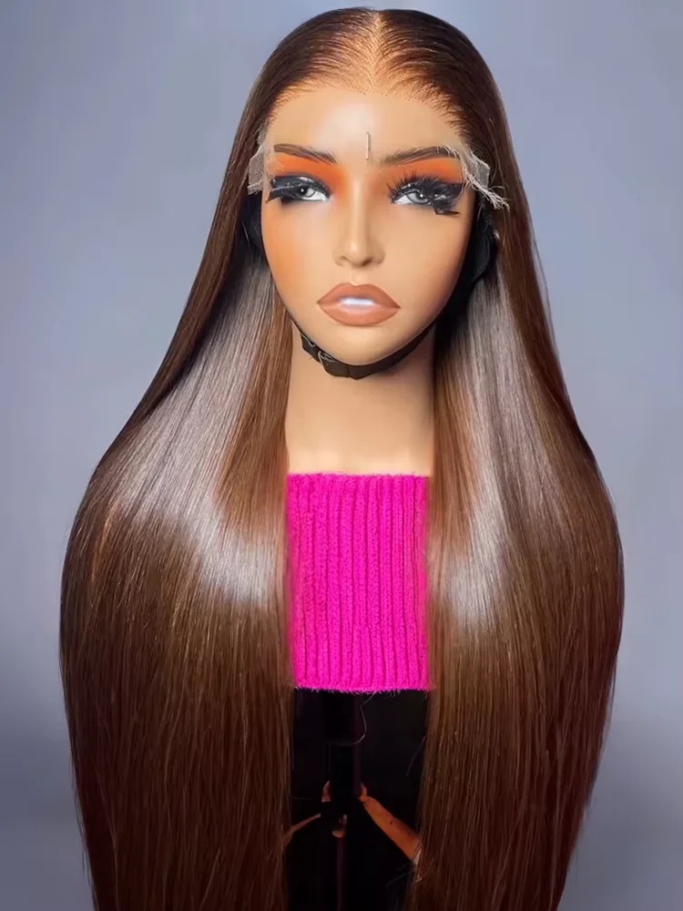 Perruque Lace Frontal Wig naturelle lisse marron HD, cheveux humains lisses, 13x4, brun chocolat, avec Baby Hair, densité 300, pour femmes