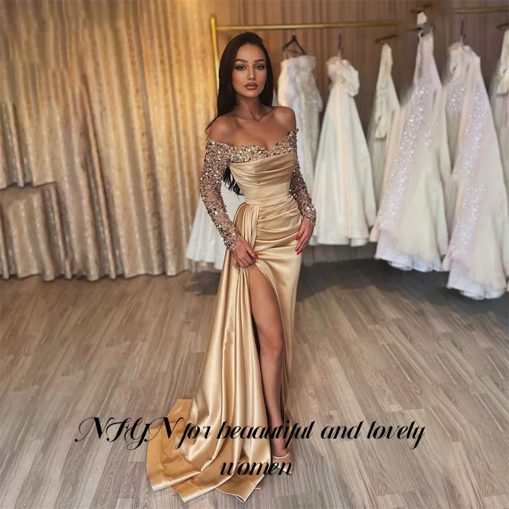 

NFYN Shining Full Sleeves Gold Party Dress Side Split Prom Dress Off the Shoulder Sequin Evening Dress Stain Mermaid Customized