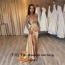 NFYN Shining Full Sleeves Gold Party Dress Side Split Prom Dress Off the Shoulder Sequin Evening Dress Stain Mermaid Customized