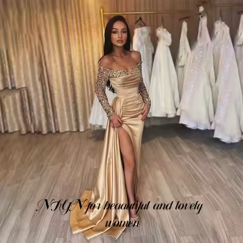 NFYN Shining Full Sleeves Gold Party Dress Side Split Prom Dress Off the Shoulder Sequin Evening Dress Stain Mermaid Customized