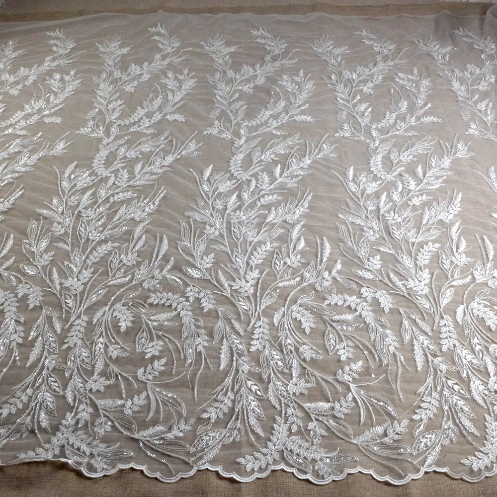 HelluyerDc tela de encaje con cuentas blancas, patrones de orejas de trigo para vestido de fiesta de boda, tela a medida