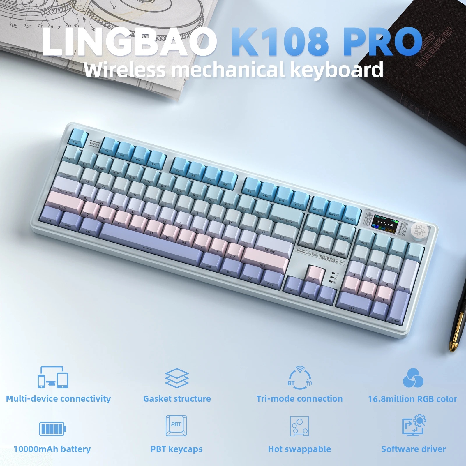 Lingbao k108 pro teclado mecânico coreano sem fio bluetooth baixo ruído tamanho completo 104 teclas personalizar teclado para jogos 10000mah