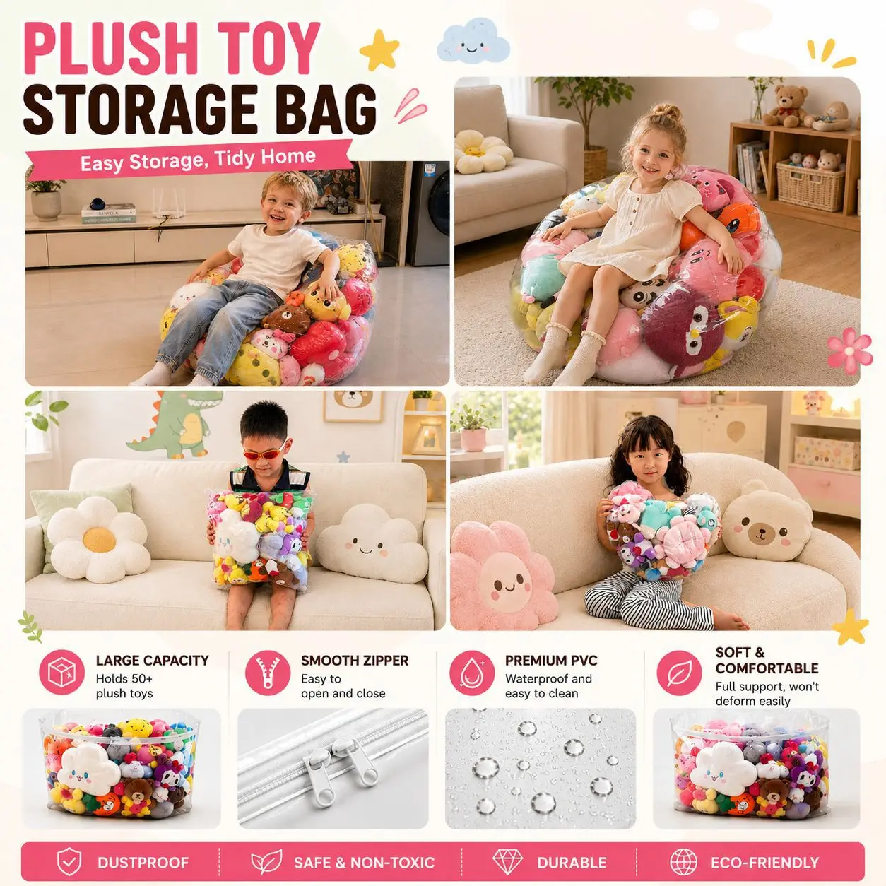 1ps Stuffed Animal Storage Bean Bag Chair for Kids, Large Toy Organizer Sack, Cozy Seat Sofa for Playroom Bedroom image 4
