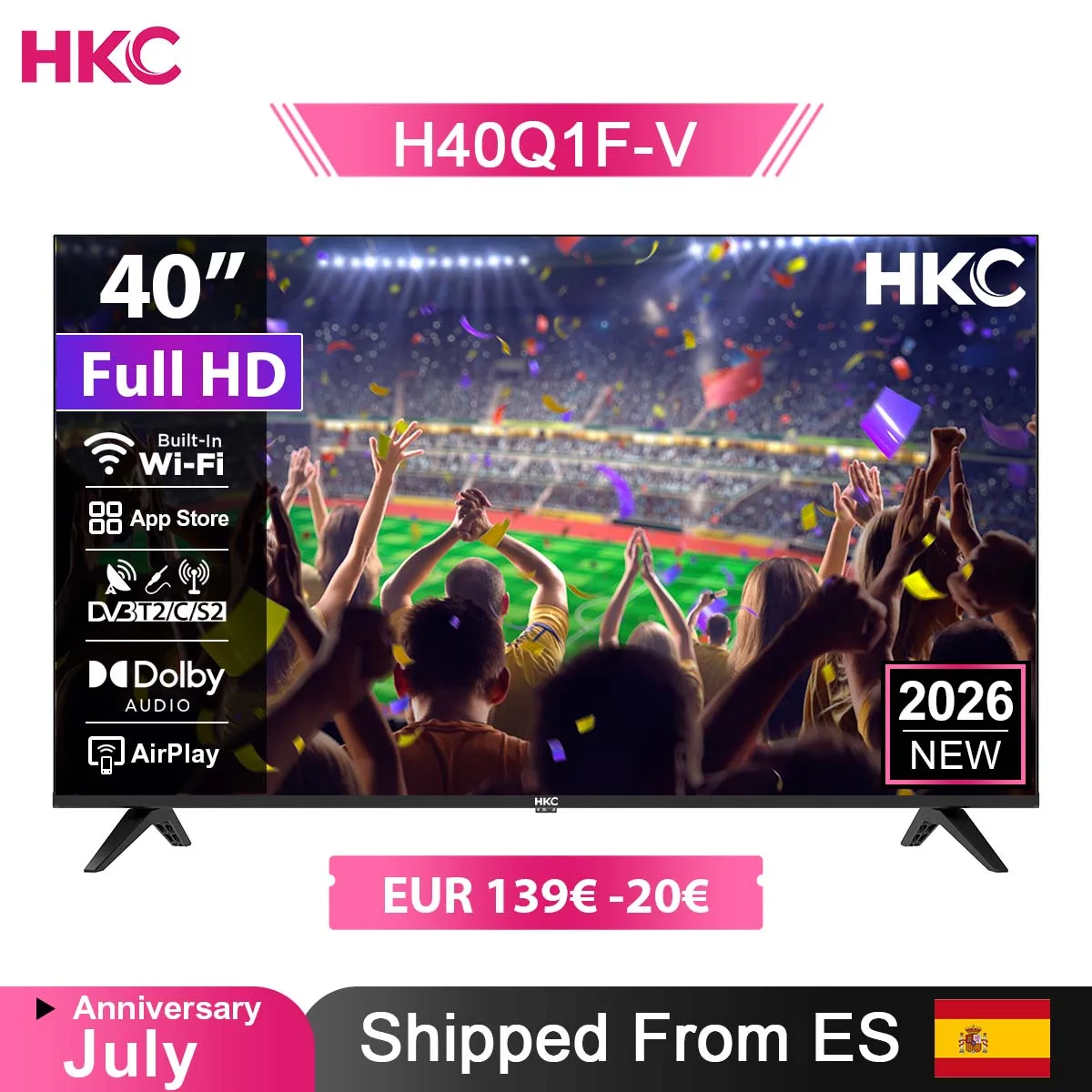 Téléviseur HKC 40'' FHD, VIDAA, format compact avec écran coloré, son dynamique avec Dolby Audio ™ Finition Métallique Haut de Gamme