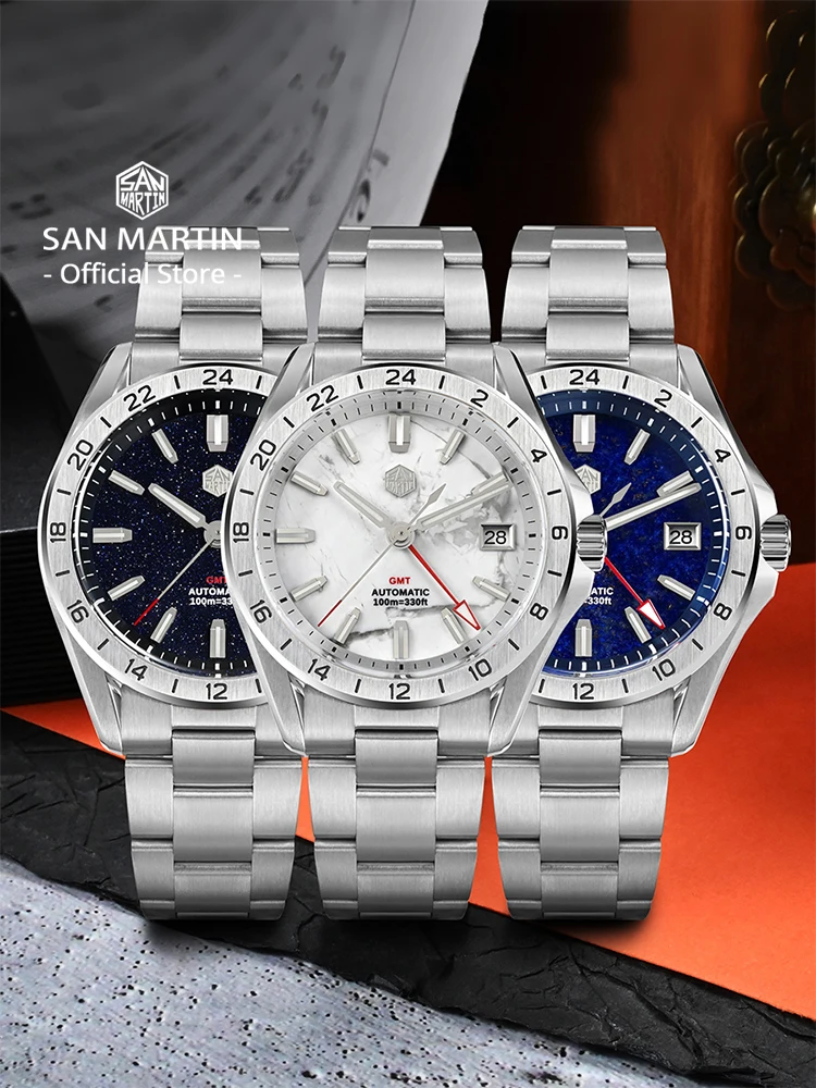 San Martin 39mm Aventurine Gemstone Dial Luxury Men\'s Watch NH34 GMT Automatic Mechanical Sapphire Waterproof Luminous SN0129