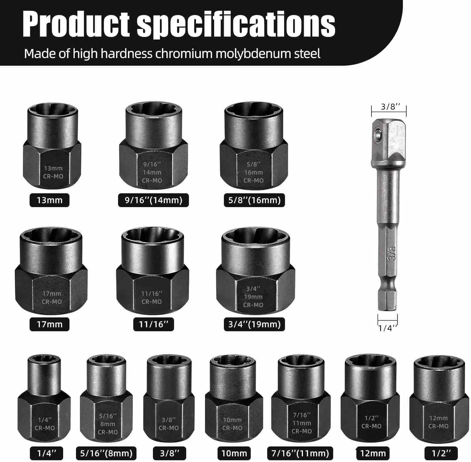 مجموعة مستخرج البراغي، مقابس تويست مزيل الجوز المقطوعة، تناسب محرك مربع 3/8 بوصة مع حقيبة تخزين صلبة (14 قطعة، أسود)