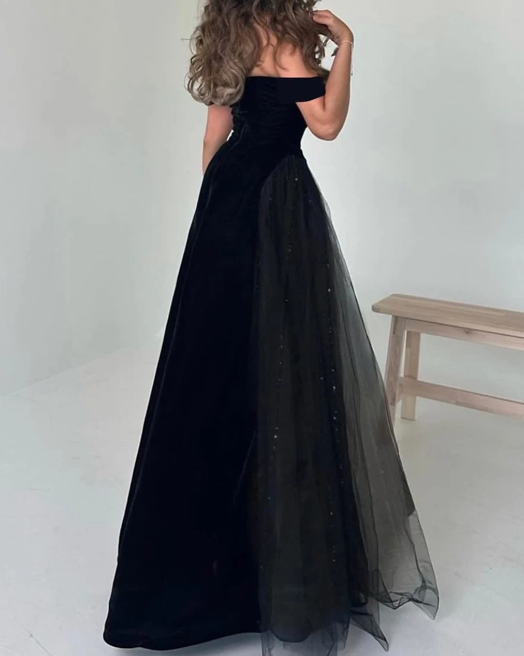 Msikoods Black Elastic Satin Evening Dress With Glitter Tulle Draped Prom Gowns Prom Dress 2024 Saudi Arabric A Line Party Dress