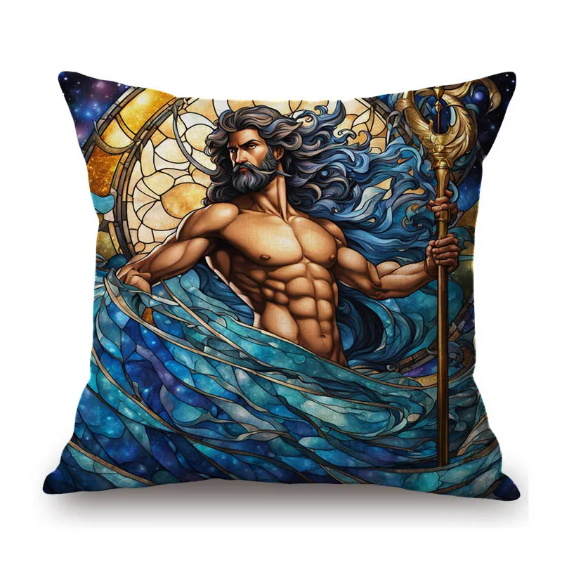 Modern Art Sexy Hot Muscle Zeus Poseidon Colorful Stained Glass Mosaic Decoration Art Pillow Case God Linen Sofa Cushion Cover