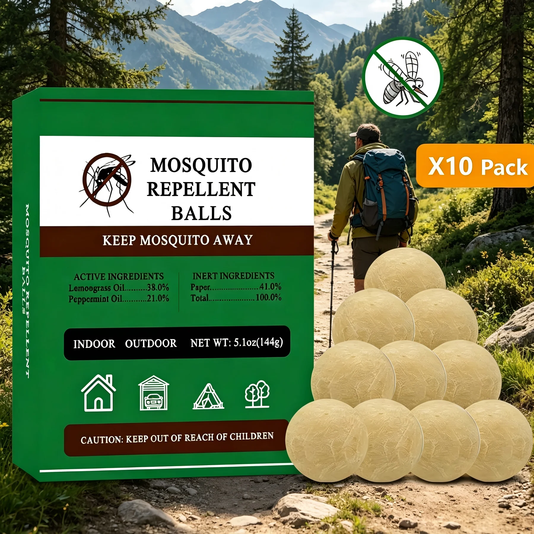 10Pack -Natural Plant Essential Oil Mosquito Repellent Balls – Lemongrass &  Peppermint Oil, Indoor & Outdoor Use, 120 sq.ft Coverage