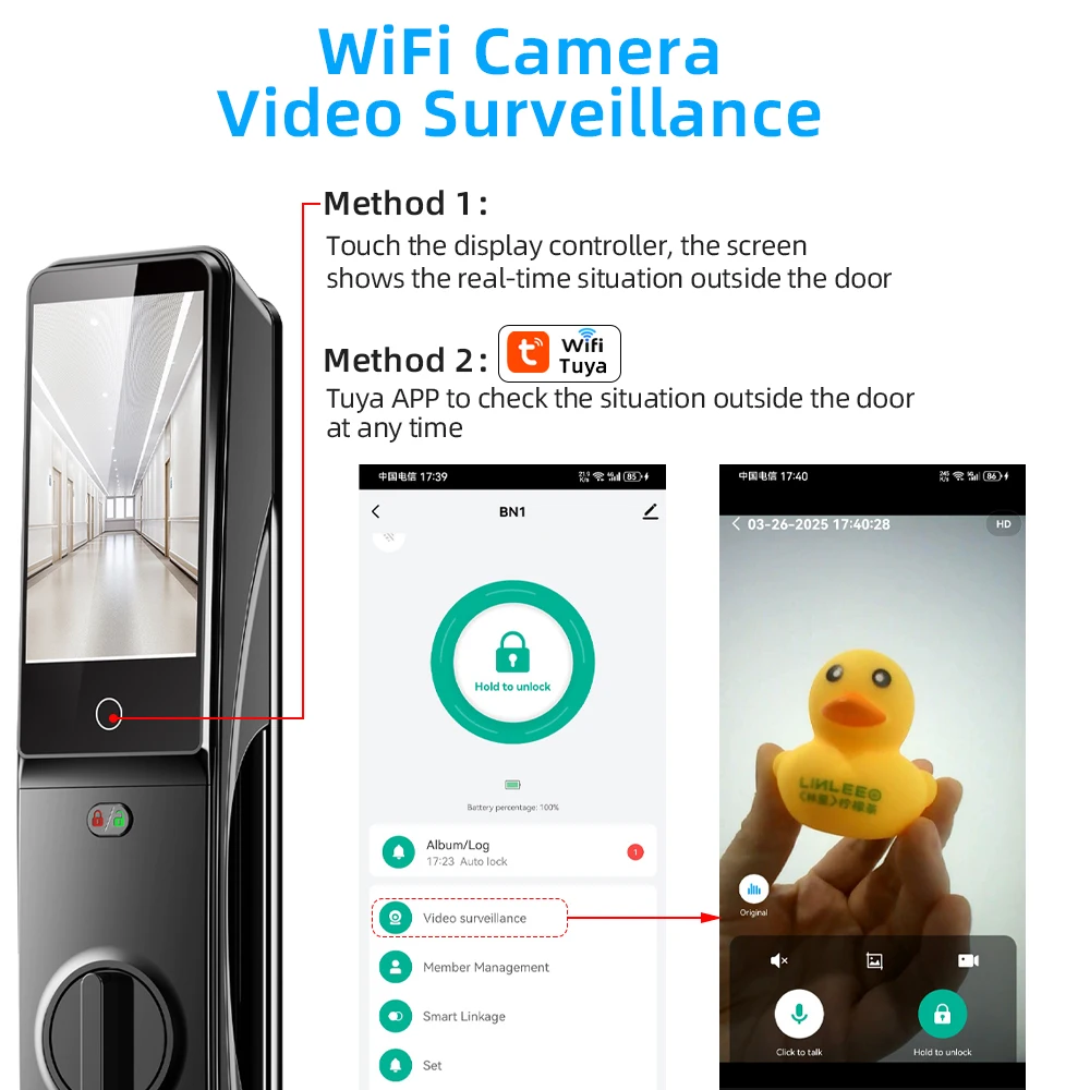 RAYKUBE BN1 Tuya WiFi Camera Palm Vein Smart Lock Face Recognition Digital Fingerprint Lock With Video Call 2*Lithium Batteries - Image 5