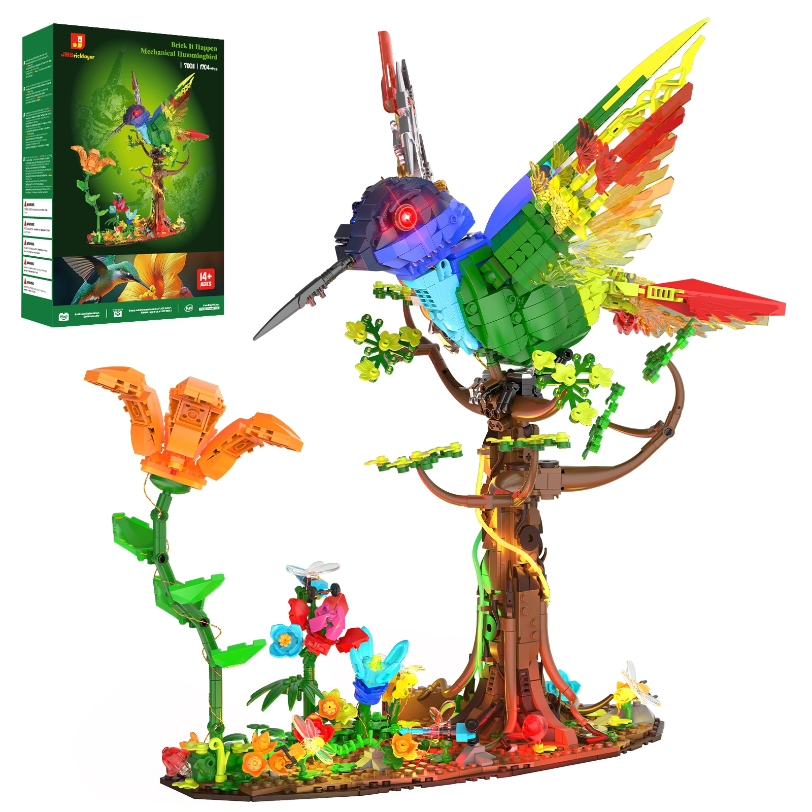 JMBricklayer 1704PCS Mechanical Hummingbird 3D LED Light Up Building Blocks Set Flower Animal Bird Model Kit Botanical Kinetic Display Openable Petals STEM Art Toys Home Office Decor Gift for Adults Women Men Kids 14+ Birthday