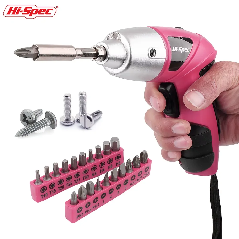 Hi-Spec Pink 4.8VCordless Electric Screwdriver Wireless Cordless Drill Driver Battery Screwdriver Gun Power Tool with LED Light