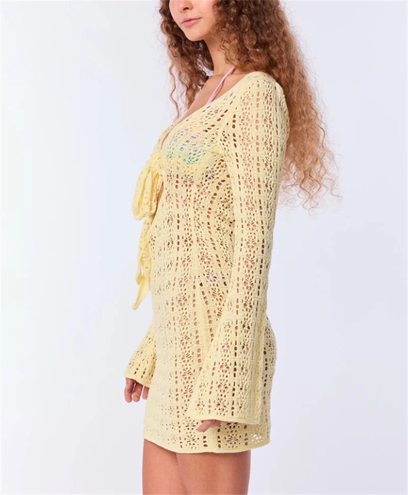 Vestido de punto ajustado con cordones y escote en V profundo de manga larga para mujer, Túnica de verano, Bikini de ganchillo, traje de baño para playa