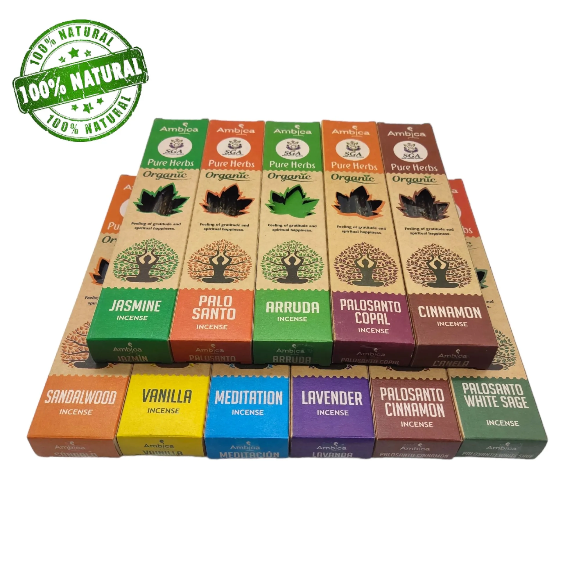 Incienso organico 12 fragancias diferentes en una caja, cada bolsita contiene 18 gramos hecho a mano con materiales naturales sin uso de mano de obra infantil. aromas a palo santo, lavanda, sandalo, jazmin