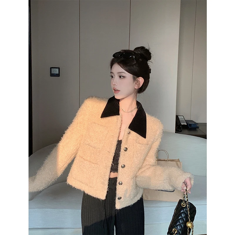 Women's Lapel Warm Single Breasted Light Apricot Short Woolen Jacket Autumn Winter Coats