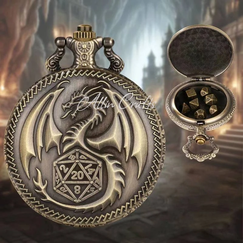 2024 New Pocket watch Dice with Mini Metal DND Dice for dnd party with 39cm chain Dragon pocket watch case DND dice Gift Pendant