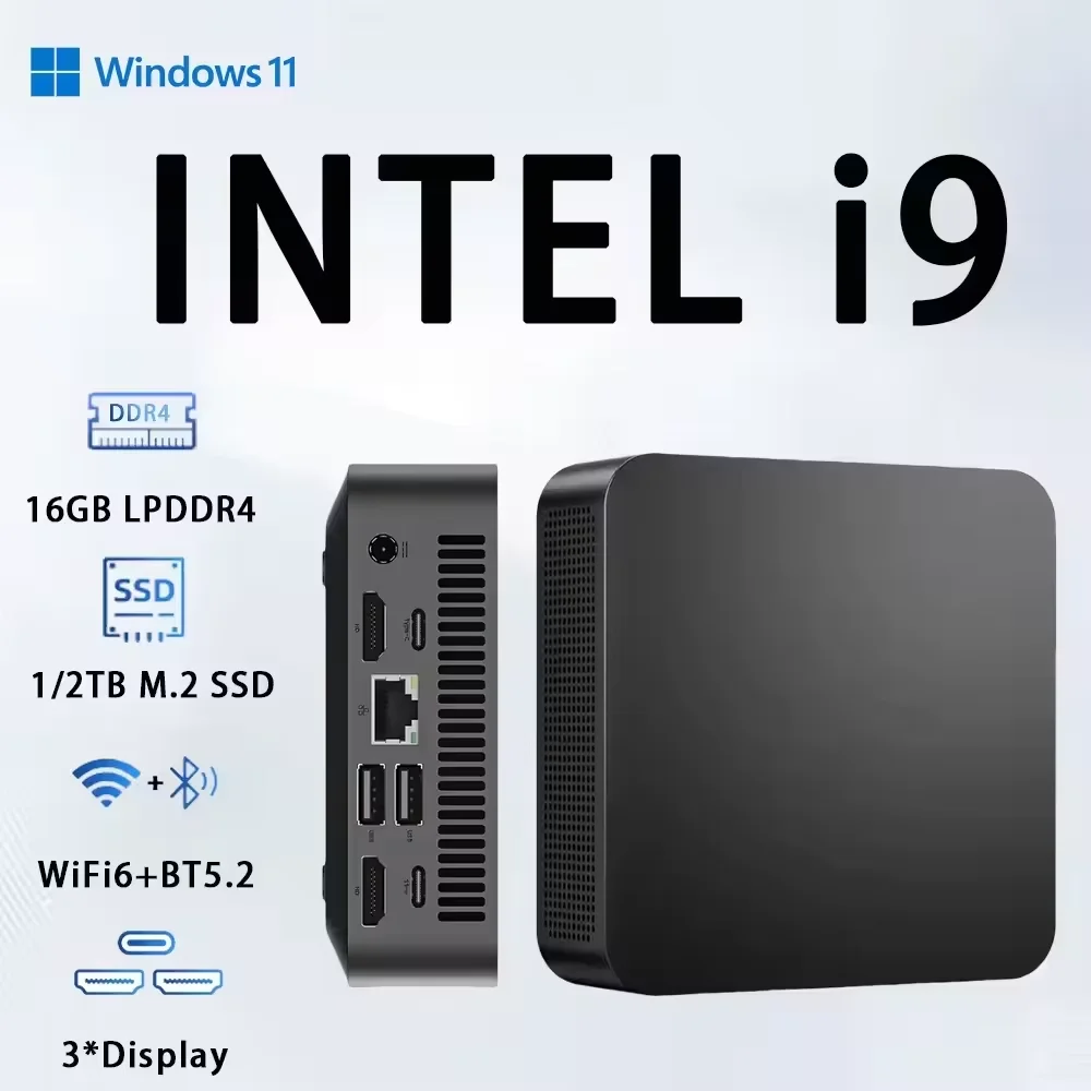 Mini PC Windows 11 con Intel Core i9 8950HK, Windows 11 Pro, scheda grafica Intel UHD, Ethernet 10/100/1000Mbps, computer desktop.