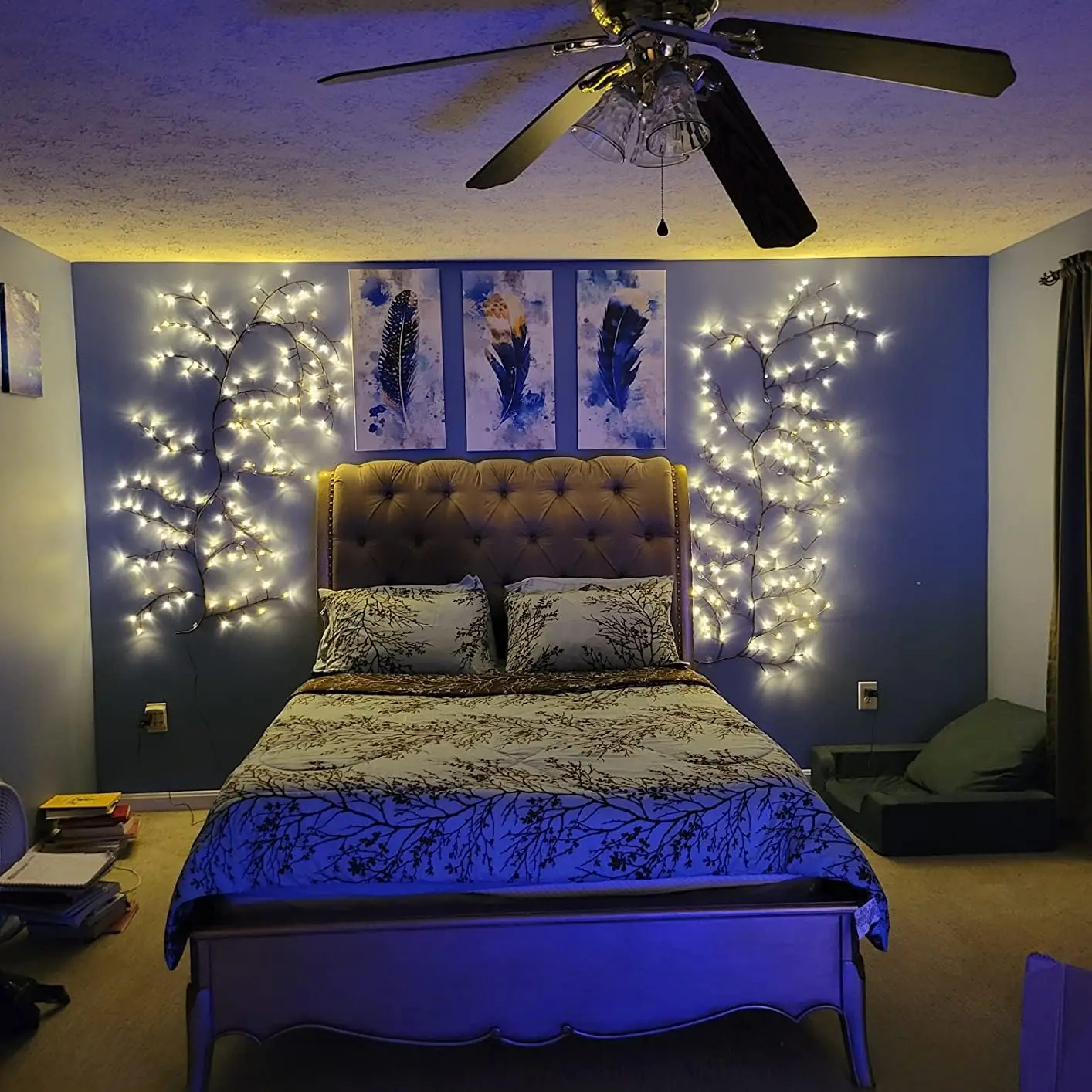 أضواء كرمة الصفصاف المسحورة للجدار: ضوء فرع شجرة وامض بطول 7.5 أقدام للغرفة وديكور المنزل - ضوء شجرة حائط أبيض دافئ