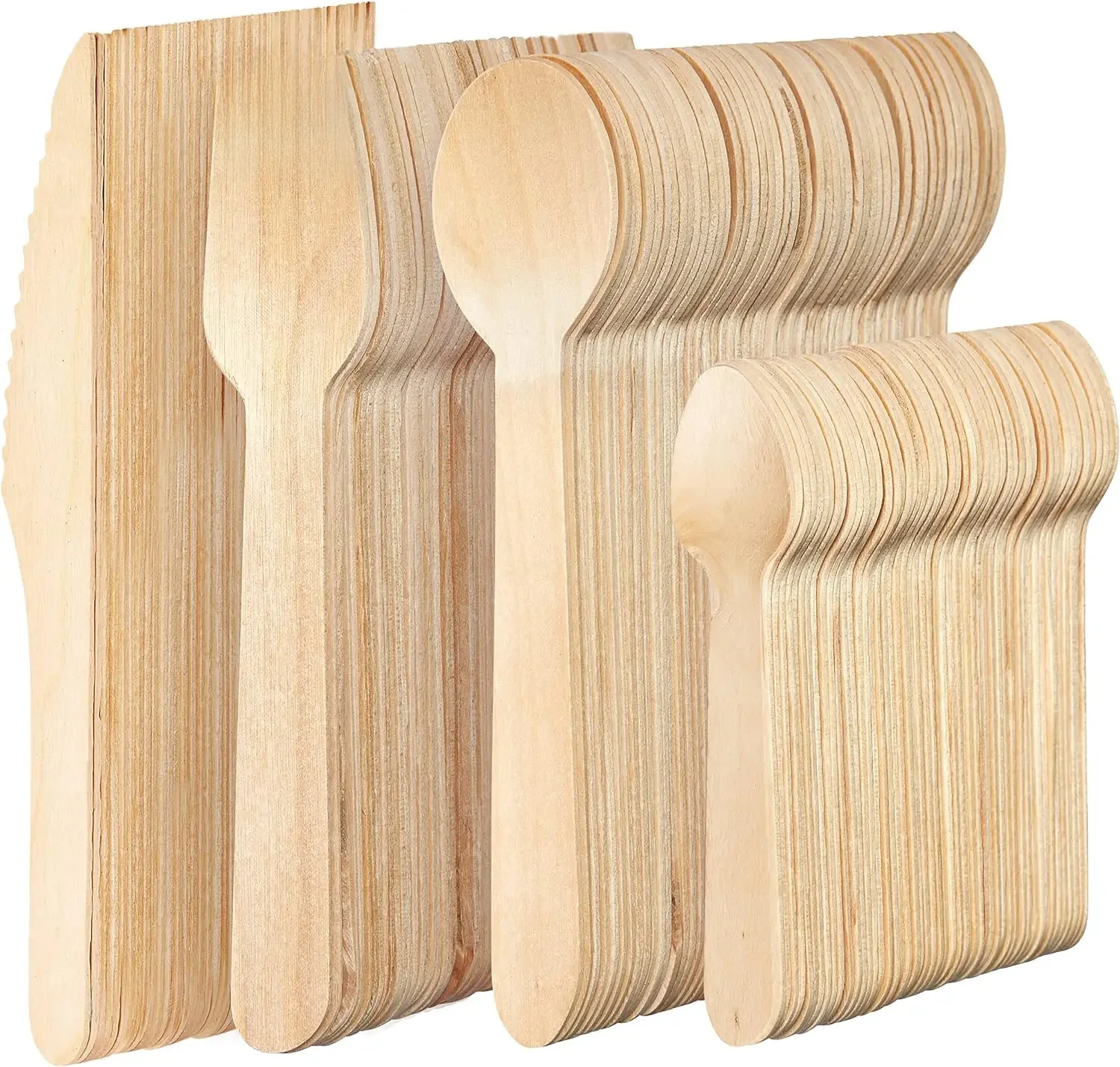 Couverts en bois jetables naturels 100% 16cm, fourchettes, couteaux, cuillères, Dessert, argenterie compostable Recyclable, biodégradable